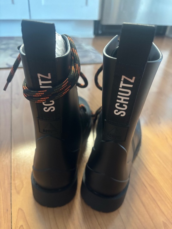 SCHUTZ Black Lace-Up Platform Combat Boot with Orange-Accent Laces - Picture 2 of 3